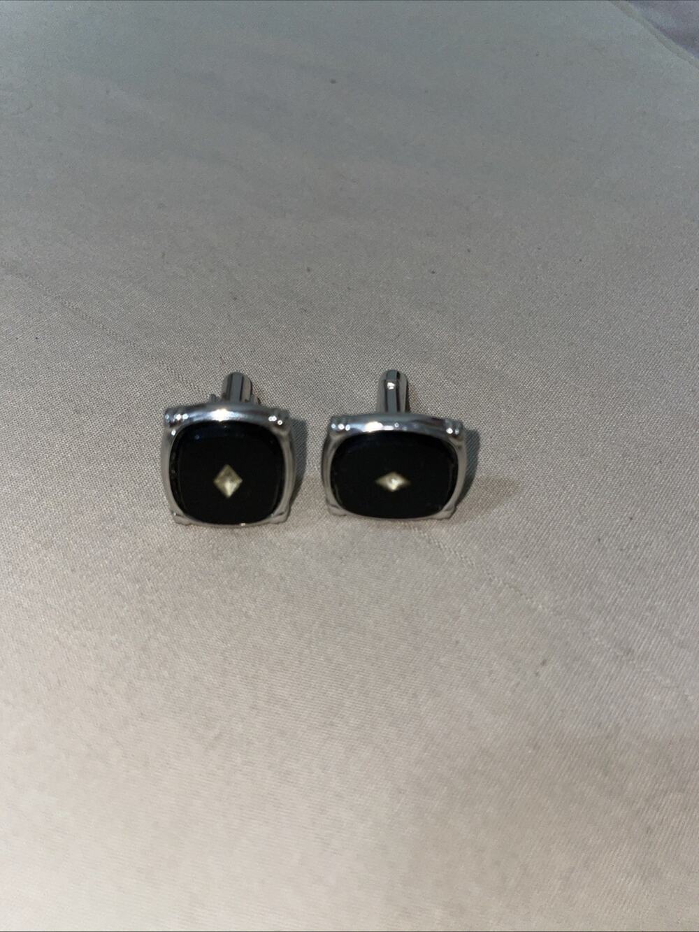Vintage Cufflinks Silver In Color Black With Stone Great Gift. Signed Shields